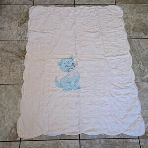 1950s Quilted Baby Blanket Embroider Kitty Cat Pink Blue 40x51 Handmade Vintage